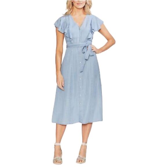 Vince Camuto Ruffle Front Lyocell Chambray Midi Dress Button Front Size Small - Picture 1 of 12